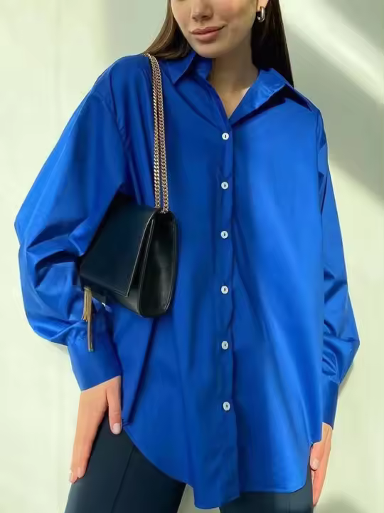 Camisa oversize de algodón para mujer en color caramelo con mangas largas, estilo casual, verde sólido, blusa de moda. - 1