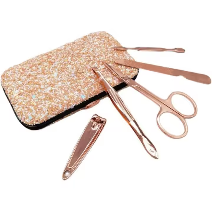 Juego de manicura de cortaúñas de acero inoxidable, juego de 5 piezas de oro rosa, cortaúñas - 1