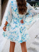 Vestido de primavera y verano para mujer, Media manga, estampado de flores, elegante cuello en V, informal, línea A, hasta la rodilla, cintura alta - details 12