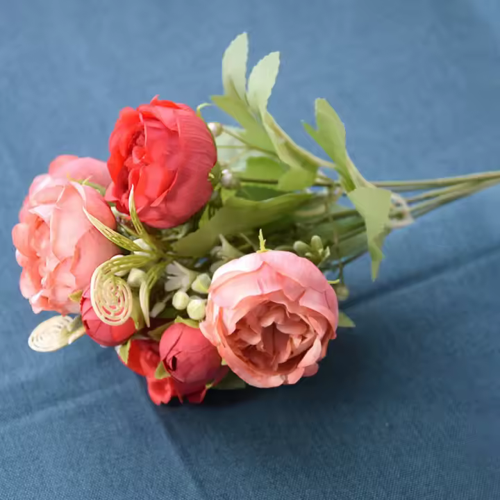 Flor Artificial Multicolor, hojas verdes rosas, pétalos de seda, flores realistas, adorno de escritorio, arreglo Floral, flor de Rosa de imitación - 1