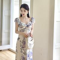 Pausa para el café Vestido floral de verano con suave viento francés, hombro de una palabra con cuello en V Un vestido de péndulo JY25242 - details 1
