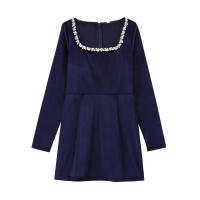 Elegante Vestido de Terciopelo con Cuello Cuadrado y Manga Larga Vestido de Fiesta de Cintura Alta para Mujeres Vestido de Noche con Cuentas - details 6