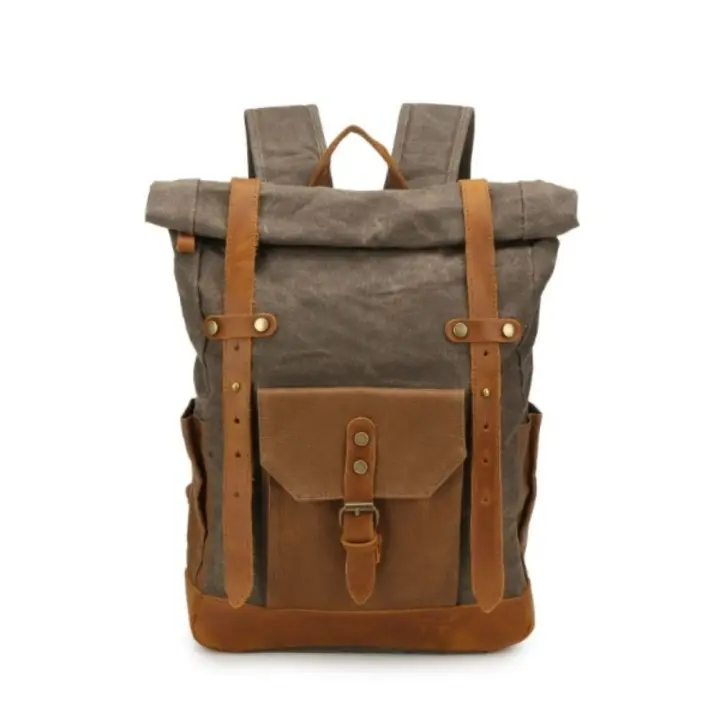 Mochila de sal pimienta Mochila de viaje al aire libre vintage Bolsa de lona encerada con Mochila de gran capacidad de cuero de caballo loco - 1