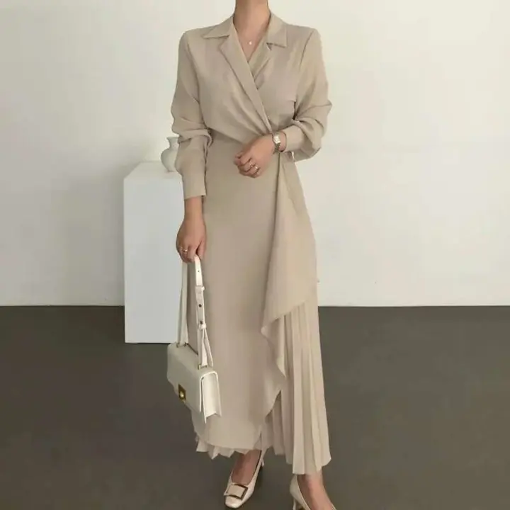 Elegante Vestido Largo con Pliegues para Mujer 2024 Traje de Oficina de Color Sólido Elegante - 1
