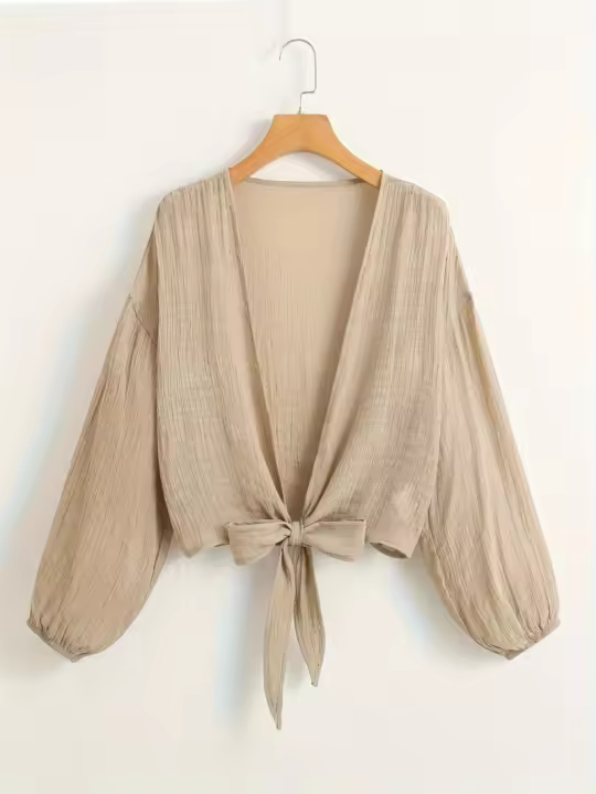 Cárdigan liso de manga larga para mujer, cárdigan informal con nudo frontal para playa, trajes de baño y ropa para mujer - 1