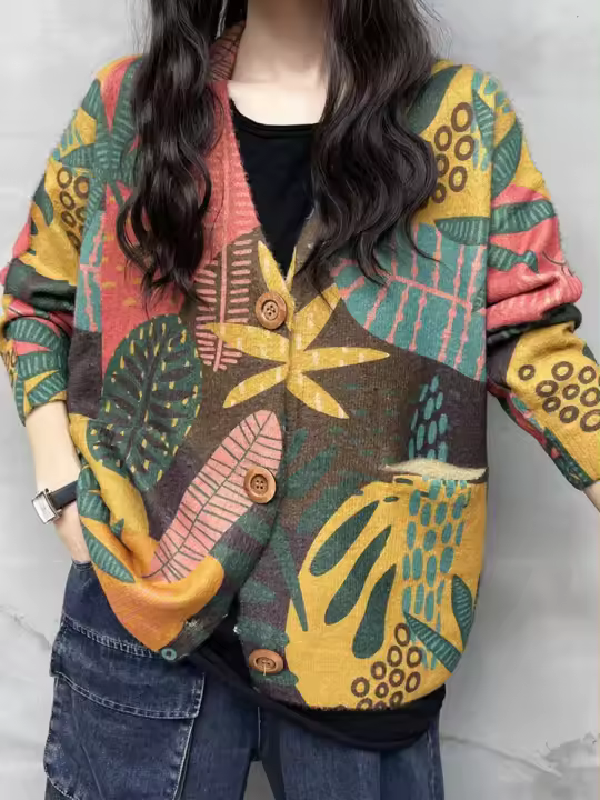 Suéter de mujer de lujo suelto con estampado floral Masss Wasss de primavera cardigan de talla grande con cuello en V de algodón y poliéster para el ocio lavado a mano - 1