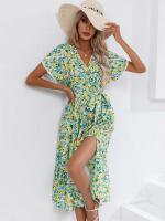 Vestido bohemio Retro de verano para mujer, manga corta, estampado básico, ventilación, Verde S - details 5