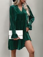 Otoño e Invierno suelto Color sólido con cuello en V vestidos de manga larga para mujer nuevo en elegante Retro Casual Midi vestido femenino - details 2
