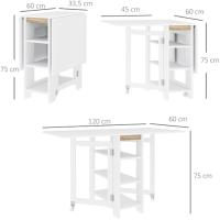 Mesa Plegable Alas Abatibles Comedor Plegable Cocina 2 Ruedas y Estantes Estilo Morno 120x60x75 cm Blanco - details 2
