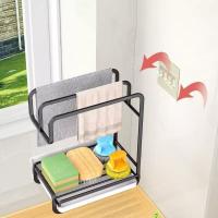 Estante de almacenaje para cocina sin perforaciones, con bandeja de drenaje, adhesivo, estante para trapo de cocina, soporte de esponja montado en la pared - details 5