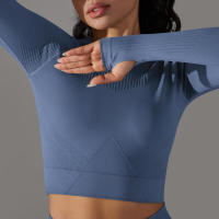 -Top Camisa deportiva de yoga de manga larga a rayas para mujer, sin costuras, que absorbe la humedad - details 6