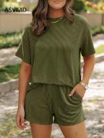 Conjunto de Pantalones Cortos con Bolsillo de Textura Sólida Camiseta de Manga Corta Casual y Shorts de Cintura Elástica para Mujeres - details 6