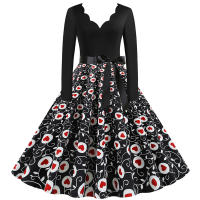 Women plaid print long sleeve vintage a line party dress v neck - details 153