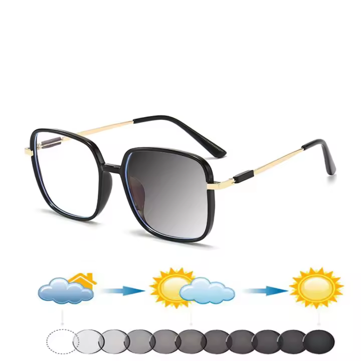 Gafas de lectura fotocromáticas con bisagras delicadas, marco cuadrado, ultraligeras, de gran tamaño, cómodas, + 0,75 a + 4 - 1