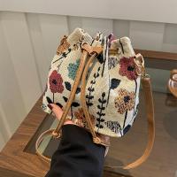 Bolso tipo cubo floral retro para mujer, bandolera con correa ajustable y cierre con cordón, bolso informal para todos los días con estampado floral multicolor marrón claro, forro de poliéster duradero y ribete con borde de aceite, bolso floral, accesorio - details 0