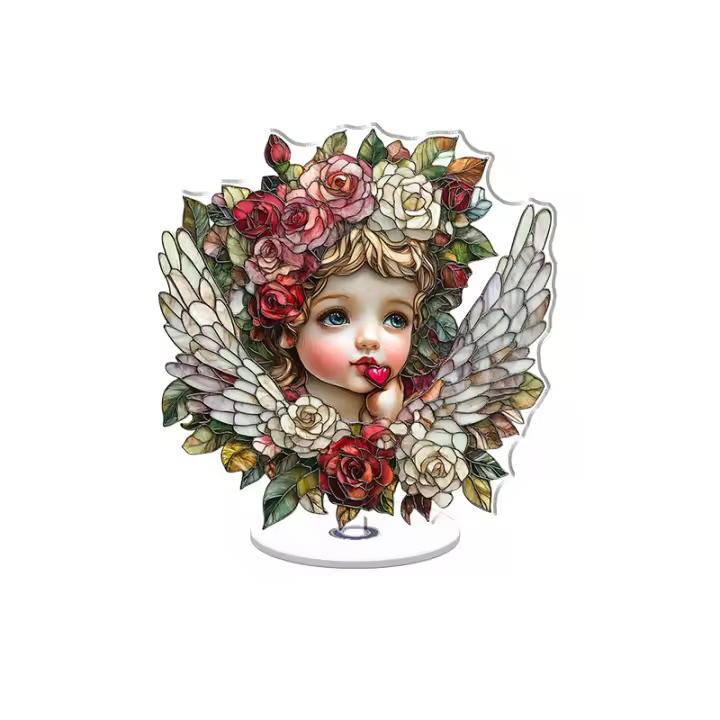 El adorno acrílico giratorio presenta un ángel querubín con corona de rosas y un estilo de vidriera vibrante, bellamente detallado con colores luminosos y suaves alas blancas. - 1