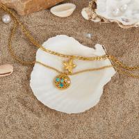 Collar con colgante de estrella de mar de doble capa – Gargantilla de acero inoxidable con perlas huecas y piedra natural para mujer - details 2