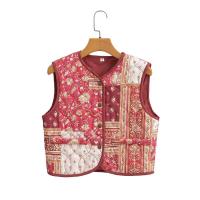 BUNO-Chaleco acolchado con estampado de flores rojas chinas para mujer, abrigo sin mangas, cuello en V, botones cubiertos, ropa de abrigo corta Vintage, 2025 - details 1