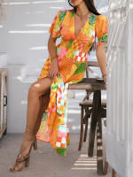 2025 Primavera / Verano Casual Bomisia Vacaciones Estilo Estampado Contraste Color Cuello en V Cintura alta Vestido de manga corta - details 5