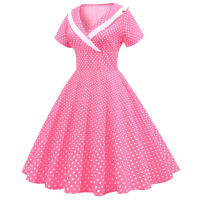 Women summer polka dot party short sleeve sailor collar elegant casual vintage a-line midi dress - details 2