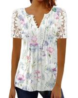 Verano primavera nueva mujer suelta y cómoda Casual cuello en V blusa estampada ral camisa de moda de manga corta - details 4