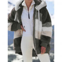 Chaqueta de oso de peluche con capucha para mujer，Cremallera Casual de manga larga，Abrigo de invierno cálido，Color a juego - details 2