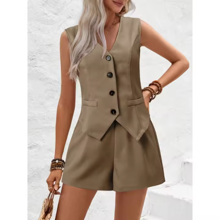 Conjunto Mujer 2025 - Chaleco Elegante con Botones y Shorts, Cuello en V, Tejido Transpirable - Moda Oficina y Casual - 1