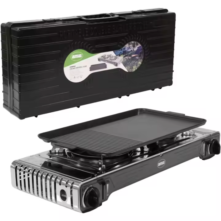Cocina Portátil de Gas para Acampar 2X Quemadores Incluye Plancha Parrilla de Fundición de Acero Inoxidable Potencia de 2,2 Kw Muebles y Organización al Aire Libre - 1