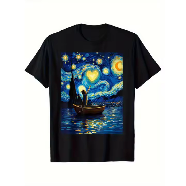 Camiseta Estampada Starry Sky Catman Camiseta Unisex Casual de Algodón, Corte Holgado, Tallas S-XXXL, Con Corazones y Escena de Barco, 100% Algodón, Lavable a Máquina, Ideal para Todas las Estaciones - 1