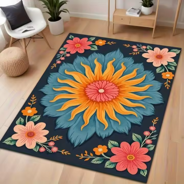 Alfombra bohemia de flores de girasol, alfombra colorida de poliéster para sala de estar, dormitorio, decoración de oficina, revestimiento de suelo duradero, franela vibrante - 1