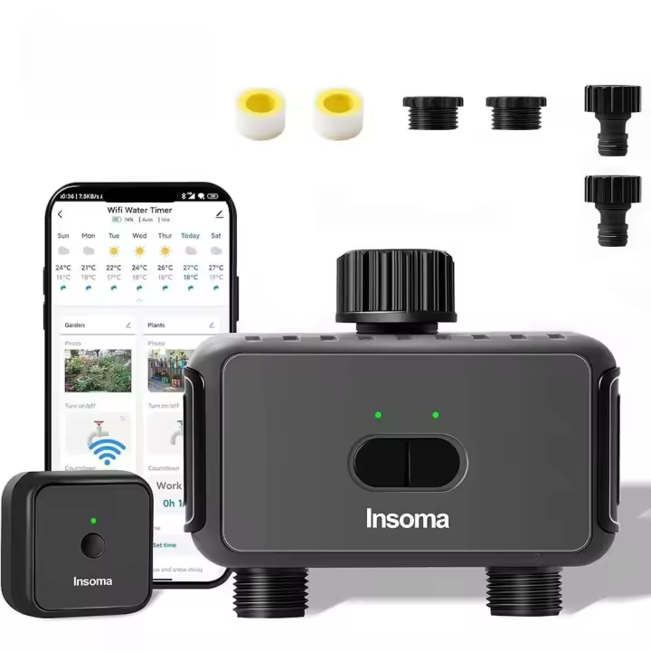 Inoma-puerta de enlace con temporizador de agua automático, sistema de riego de jardín con doble manguera, programador de aspersores remoto, compatible con Alexa - 1