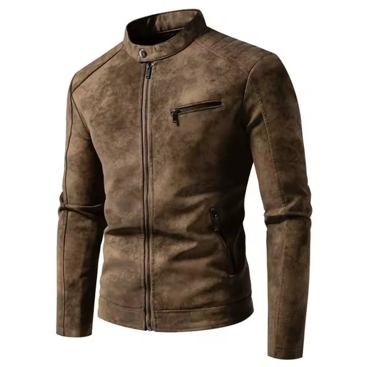 Al aire libre hombres moda cuello alto Tops Otoño Invierno transpirable abrigos a prueba de viento nueva chaqueta de cuero versátil informal Retro sólido - 1