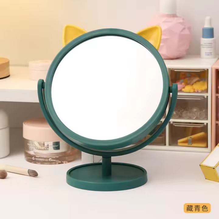 Bonito espejo de tocador HD de escritorio con orejas de gato de dibujos animados, espejo de maquillaje de un solo lado, rotación de 360 ​​grados, espejo de maquillaje inastillable de princesa para mujer - 1