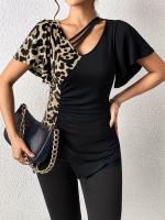 Nuevo estampado de leopardo irregular manga corta Camiseta cuello mariposa manga patchwork top mujer - details 2