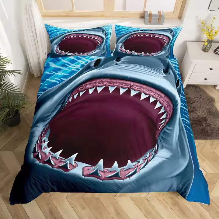 Juego de funda de edredón de 3 piezas con diseño de tiburón, juego de cama con animales de aguas profundas, funda de edredón colorida dibujada a mano con tiburones oceánicos de dibujos animados para niños y niñas - 1