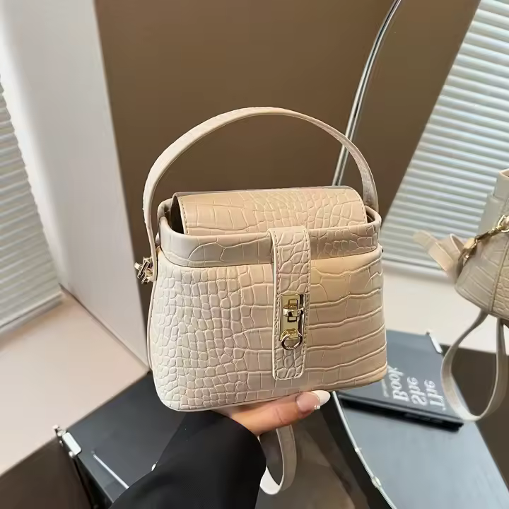 Bolso Cruzado Retro para Mujer Cierre de Cerradura Dorada Correa Desmontable Color Sólido Blanco - 1