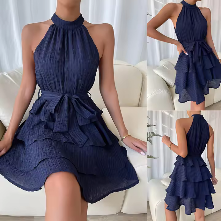 Primavera Verano nueva ropa de mujer europea y americana sin mangas empalmado con cuello de borde con volantes vestido de fiesta regalo - 1