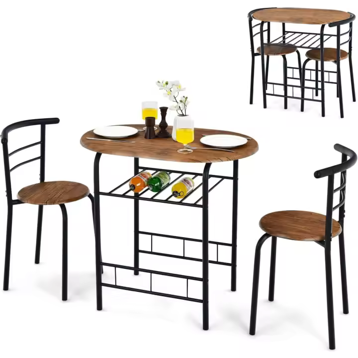 Conjunto Mesa y 2 Sillas Cocina con Vino Estante, Juego Mesa y 2 Sillas de Comedor de Madera y Metal, con Respaldos Curvo y Estante Abierto de Almacenamiento para Cocina - 1