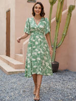 2025 Algodón estampado con cuello en V manga corta cintura Resort Beach Ds - details 2