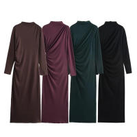 Vestido de cuello redondo para mujer, minivestido plisado de manga larga con espalda, color sólido, nable, para otoño - details 1