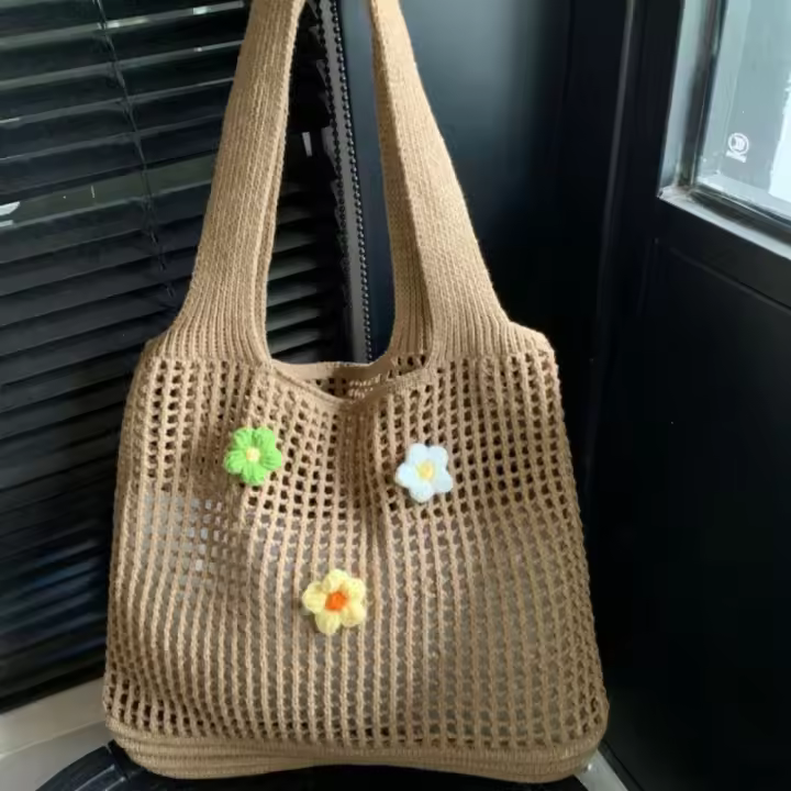 Bolso tejido de flores de ganchillo informal, bolso de mano, bolso de playa tejido, estilo bohemio, bolso de hombro hueco de gran capacidad para vacaciones - 1