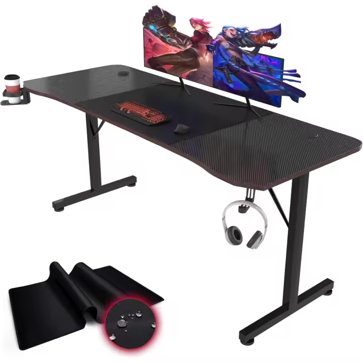 Escritorio de Juegos de Fibra de Carbono Ergonómico con Alfombrilla para Ratón, Soporte para Auriculares y Agua - 1
