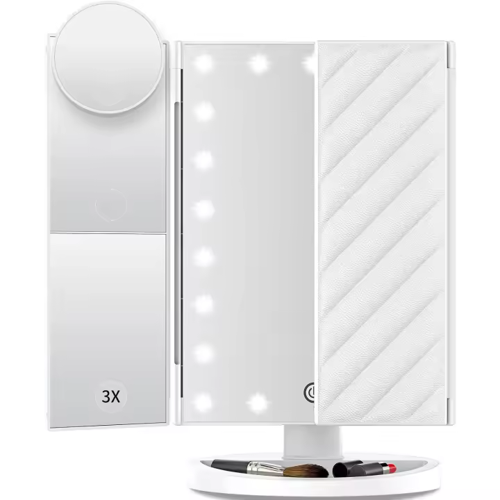 Scttomon Espejo de Maquillaje Iluminado con Luz Táctil Dimable, 2X 3X 10X Ampliación, 21 LED Trifold Compacto - 1