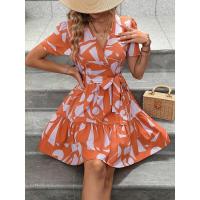 Vestido estampado plisado con cuello en V y cinturón suelto de moda bohemia para mujer - details 1