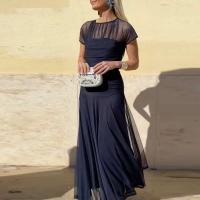 Elegante Vestido de Fiesta de Moda Manga Corta, Cuello O, Vestido Largo con Pliegues y Parches de Malla Ropa de Comodidad Casual para Mujeres - details 6