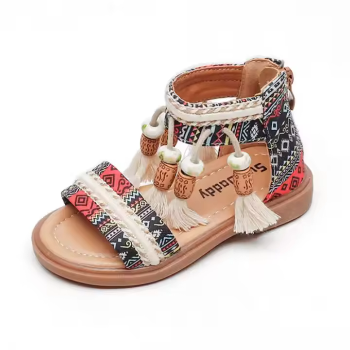 Zapatos informales bohemios para niñas, Sandalias planas con cremallera trasera, con borlas, transpirables, de verano - 1