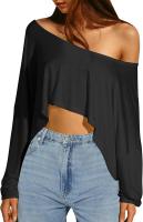 BUNO-Tops informales de punto liso con hombros descubiertos, camisetas de otoño de manga larga con cuello oblicuo conciso para mujer, camisetas deportivas irregulares - details 11