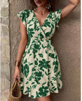 Vestido casual de verano 2024 con estampado de hojas, cuello en V y mangas con volantes para vacaciones - details 1