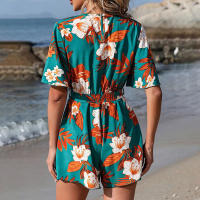 Estampado de mujer V Mono de manga corta y pantalones cortos ，Cinturón con cuello cruzado manga volantes estilo vacaciones playa - details 5