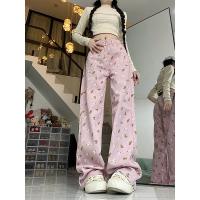 Pantalones vaqueros rosas Vintage de cintura alta para mujer, ropa de calle elegante a la moda americana, pantalones vaqueros de pierna ancha, pantalones femeninos con estampado, pantalones vaqueros holgados - details 3